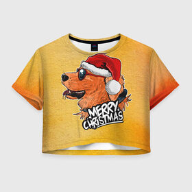 Женская футболка Crop-top 3D с принтом Dog Xmas в Кировске, 100% полиэстер | круглая горловина, длина футболки до линии талии, рукава с отворотами | new year | арт | графика | дед мороз | зима | новый год | рождество | санта