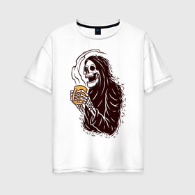 Женская футболка хлопок Oversize с принтом Смерть с кофе в Кировске, 100% хлопок | свободный крой, круглый ворот, спущенный рукав, длина до линии бедер
 | горячий | кости. скелет | кофе | кружка | хипстер | череп