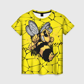 Женская футболка 3D с принтом Дикая пчела в Кировске, 100% полиэфир ( синтетическое хлопкоподобное полотно) | прямой крой, круглый вырез горловины, длина до линии бедер | Тематика изображения на принте: дикая пчела | жало | мед | насекомые | опасность | соты | текстура | шершень