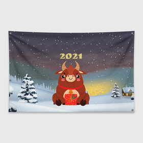 Флаг-баннер с принтом Бык с подарками 2021 в Кировске, 100% полиэстер | размер 67 х 109 см, плотность ткани — 95 г/м2; по краям флага есть четыре люверса для крепления | 2021 | 7 января | bull | newyear | santa | бык | быки | бычок | год быка | дед мороз | корова | новогодние каникулы | новогодние праздники | новый 2021 | новый год | новый год 2021 | рождество | сани | санта | санта клаус