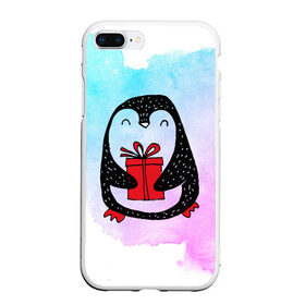 Чехол для iPhone 7Plus/8 Plus матовый с принтом Милый пингвин с подарком в Кировске, Силикон | Область печати: задняя сторона чехла, без боковых панелей | Тематика изображения на принте: 