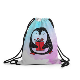 Рюкзак-мешок 3D с принтом Милый пингвин с подарком в Кировске, 100% полиэстер | плотность ткани — 200 г/м2, размер — 35 х 45 см; лямки — толстые шнурки, застежка на шнуровке, без карманов и подкладки | 