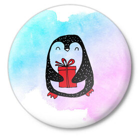 Значок с принтом Милый пингвин с подарком в Кировске,  металл | круглая форма, металлическая застежка в виде булавки | Тематика изображения на принте: 