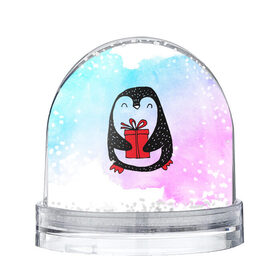 Снежный шар с принтом Милый пингвин с подарком в Кировске, Пластик | Изображение внутри шара печатается на глянцевой фотобумаге с двух сторон | Тематика изображения на принте: 
