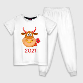 Детская пижама хлопок с принтом Милый бык с цветочком в Кировске, 100% хлопок |  брюки и футболка прямого кроя, без карманов, на брюках мягкая резинка на поясе и по низу штанин
 | 