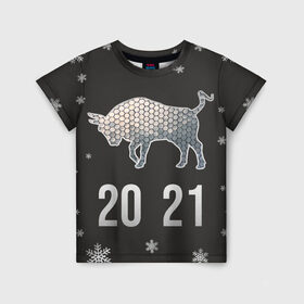 Детская футболка 3D с принтом Бык 2021 в Кировске, 100% гипоаллергенный полиэфир | прямой крой, круглый вырез горловины, длина до линии бедер, чуть спущенное плечо, ткань немного тянется | 2021 | бык | годбыка | металлический бык | новый год
