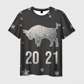 Мужская футболка 3D с принтом Бык 2021 в Кировске, 100% полиэфир | прямой крой, круглый вырез горловины, длина до линии бедер | 2021 | бык | годбыка | металлический бык | новый год