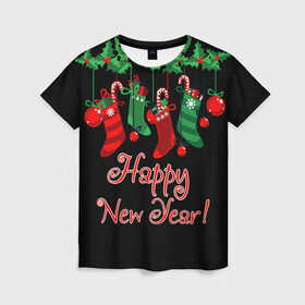 Женская футболка 3D с принтом Happy New Year! в Кировске, 100% полиэфир ( синтетическое хлопкоподобное полотно) | прямой крой, круглый вырез горловины, длина до линии бедер | 2020 | 2021 | happy | new year | быка | гирлянда | дед мороз | елка | зеленый | игрушка | клаус | конфеты | нг | новый год | носок | перчатка | печенье | подарок | полосы | пряник | рождество | с | санта | сладости | снег