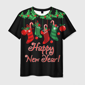 Мужская футболка 3D с принтом Happy New Year! в Кировске, 100% полиэфир | прямой крой, круглый вырез горловины, длина до линии бедер | 2020 | 2021 | happy | new year | быка | гирлянда | дед мороз | елка | зеленый | игрушка | клаус | конфеты | нг | новый год | носок | перчатка | печенье | подарок | полосы | пряник | рождество | с | санта | сладости | снег