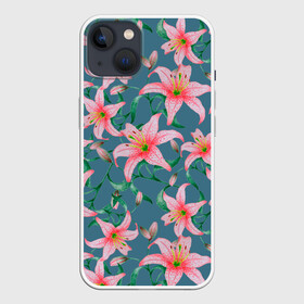 Чехол для iPhone 13 с принтом Лилии на сером фоне в Кировске,  |  | 8 марта | весна | зеленый | лилии | праздник | природа | растения | розовый | серый | цветы