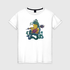 Женская футболка хлопок с принтом Горгона в Кировске, 100% хлопок | прямой крой, круглый вырез горловины, длина до линии бедер, слегка спущенное плечо | булова | горгона | жаба | змеежаб | змеи | лягушка | персонаж | фэнтези