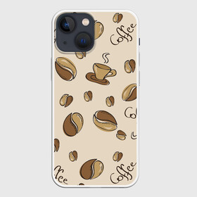 Чехол для iPhone 13 mini с принтом Кофейный узор на светлом в Кировске,  |  | зерна | коричневый | кофе | кофейный | кофеман | паттерн | светлый | узор | чашка
