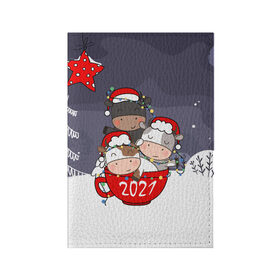 Обложка для паспорта матовая кожа с принтом Новогодние быки в чашке в Кировске, натуральная матовая кожа | размер 19,3 х 13,7 см; прозрачные пластиковые крепления | 2021 | 7 января | bull | newyear | santa | бык | быки | бычок | год быка | дед мороз | корова | новогодние каникулы | новогодние праздники | новый 2021 | новый год | новый год 2021 | рождество | сани | санта | санта клаус