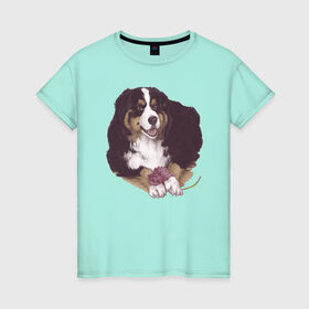 Женская футболка хлопок с принтом собака с пионом в Кировске, 100% хлопок | прямой крой, круглый вырез горловины, длина до линии бедер, слегка спущенное плечо | бернский зенненхунд | домашний любимец | иллюстрация | собачник
