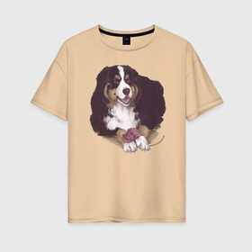 Женская футболка хлопок Oversize с принтом собака с пионом в Кировске, 100% хлопок | свободный крой, круглый ворот, спущенный рукав, длина до линии бедер
 | бернский зенненхунд | домашний любимец | иллюстрация | собачник