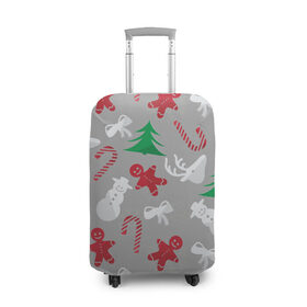 Чехол для чемодана 3D с принтом Серый новогодний узор в Кировске, 86% полиэфир, 14% спандекс | двустороннее нанесение принта, прорези для ручек и колес | елка | красный | леденец | новогодний | новый год | паттерн | праздничный | серый | снеговик | узор