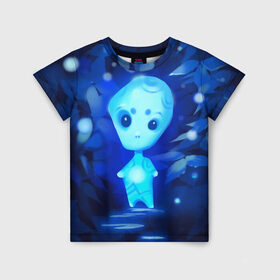 Детская футболка 3D с принтом Лесной дух в Кировске, 100% гипоаллергенный полиэфир | прямой крой, круглый вырез горловины, длина до линии бедер, чуть спущенное плечо, ткань немного тянется | дух | лес | листва | светлячки | синий | тропинка