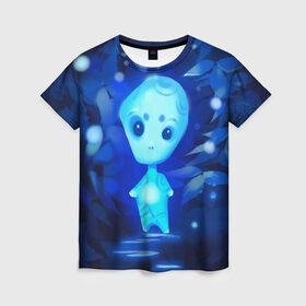 Женская футболка 3D с принтом Лесной дух в Кировске, 100% полиэфир ( синтетическое хлопкоподобное полотно) | прямой крой, круглый вырез горловины, длина до линии бедер | дух | лес | листва | светлячки | синий | тропинка