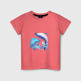 Детская футболка хлопок с принтом Акварельный кит в Кировске, 100% хлопок | круглый вырез горловины, полуприлегающий силуэт, длина до линии бедер | Тематика изображения на принте: акварель | вода | волны | кит | море | морское | рисунок | рыбы | стихия