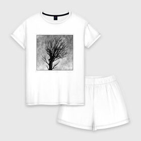 Женская пижама с шортиками хлопок с принтом Дом на дереве в Кировске, 100% хлопок | футболка прямого кроя, шорты свободные с широкой мягкой резинкой | ветки | графика | дерево | дом | жуткий | мрачный | небо | одиночество | пасмурно | пустота