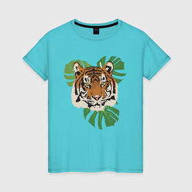 Женская футболка хлопок с принтом Тигр в джунглях в Кировске, 100% хлопок | прямой крой, круглый вырез горловины, длина до линии бедер, слегка спущенное плечо | nature | tiger | wild | wild animals | джунгли | дикие животные | дикий | животные | кошачьи | крупные кошки | полосатый | природа | тигр | тигр в джунглях | тигренок | тропики | хищник | хищные животные