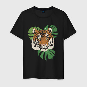 Мужская футболка хлопок с принтом Тигр в джунглях в Кировске, 100% хлопок | прямой крой, круглый вырез горловины, длина до линии бедер, слегка спущенное плечо. | nature | tiger | wild | wild animals | джунгли | дикие животные | дикий | животные | кошачьи | крупные кошки | полосатый | природа | тигр | тигр в джунглях | тигренок | тропики | хищник | хищные животные