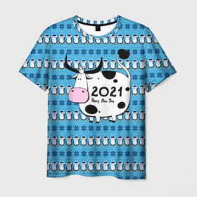 Мужская футболка 3D с принтом Корова 2021 в Кировске, 100% полиэфир | прямой крой, круглый вырез горловины, длина до линии бедер | Тематика изображения на принте: 2021 | 7 января | bull | newyear | santa | бык | быки | бычок | год быка | дед мороз | корова | новогодние каникулы | новогодние праздники | новый 2021 | новый год | новый год 2021 | рождество | сани | санта | санта клаус