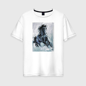 Женская футболка хлопок Oversize с принтом Лошадь арт в Кировске, 100% хлопок | свободный крой, круглый ворот, спущенный рукав, длина до линии бедер
 | horse | horseshoe | акварель | головалошади | грива | жеребец | животные | конь | лошадь | лошадьскрыльями | подкова | природа | рисуноккрасками