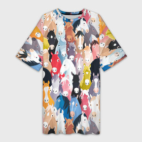 Платье-футболка 3D с принтом цветные лошади в Кировске,  |  | horse | horseshoe | акварель | головалошади | грива | жеребец | животные | конь | лошадь | лошадьскрыльями | подкова | природа | рисуноккрасками