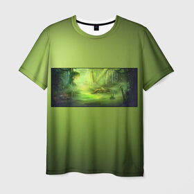 Мужская футболка 3D с принтом Solar swamp Солнечное Болото в Кировске, 100% полиэфир | прямой крой, круглый вырез горловины, длина до линии бедер | болотный | зеленый | зеленый фон | солнечный