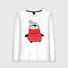 Женский лонгслив хлопок с принтом милый пингвин в свитере в Кировске, 100% хлопок |  | 