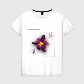 Женская футболка хлопок с принтом Flower Цветок в Кировске, 100% хлопок | прямой крой, круглый вырез горловины, длина до линии бедер, слегка спущенное плечо | желтый | узор | феолетовый цветок | цветочный