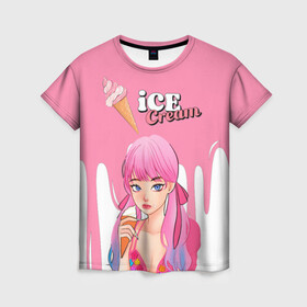 Женская футболка 3D с принтом BLACKPINK Ice Cream в Кировске, 100% полиэфир ( синтетическое хлопкоподобное полотно) | прямой крой, круглый вырез горловины, длина до линии бедер | blackpink | blink | bts | exo | icecream | jennie | jisoo | korea | kpop | lisa | love | rose | блекпинк | девушки | корея | кпоп | музыка
