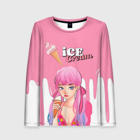 Женский лонгслив 3D с принтом BLACKPINK Ice Cream в Кировске, 100% полиэстер | длинные рукава, круглый вырез горловины, полуприлегающий силуэт | Тематика изображения на принте: blackpink | blink | bts | exo | icecream | jennie | jisoo | korea | kpop | lisa | love | rose | блекпинк | девушки | корея | кпоп | музыка