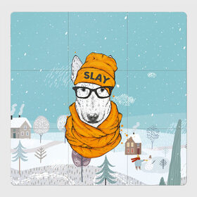Магнитный плакат 3Х3 с принтом Бультерьер в Кировске, Полимерный материал с магнитным слоем | 9 деталей размером 9*9 см | slay | белая собака | бультерьер | пес | псина | собака | собака в шапке | собачка