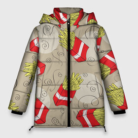 Женская зимняя куртка 3D с принтом Фастфуд - Картошка фри в Кировске, верх — 100% полиэстер; подкладка — 100% полиэстер; утеплитель — 100% полиэстер | длина ниже бедра, силуэт Оверсайз. Есть воротник-стойка, отстегивающийся капюшон и ветрозащитная планка. 

Боковые карманы с листочкой на кнопках и внутренний карман на молнии | еда | картофель | картошка | мак | макдональдс | паттерн | узор | фастфуд | фри