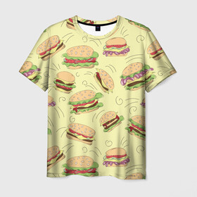 Мужская футболка 3D с принтом Узор с бургерами в Кировске, 100% полиэфир | прямой крой, круглый вырез горловины, длина до линии бедер | бургер | гамбургер | еда | желтый | паттерн | узор | фастфуд