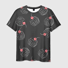Мужская футболка 3D с принтом Капкейки с вишенкой в Кировске, 100% полиэфир | прямой крой, круглый вырез горловины, длина до линии бедер | Тематика изображения на принте: белый | вишенка | вкусняшка | еда | капкейк | мел | паттерн | пирожок | сладости | узор | черный