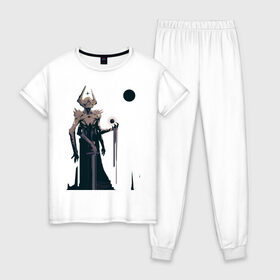 Женская пижама хлопок с принтом Alien God в Кировске, 100% хлопок | брюки и футболка прямого кроя, без карманов, на брюках мягкая резинка на поясе и по низу штанин | космос | меч | пришелец | хоррор