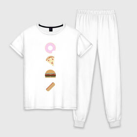 Женская пижама хлопок с принтом Fast Food в Кировске, 100% хлопок | брюки и футболка прямого кроя, без карманов, на брюках мягкая резинка на поясе и по низу штанин | doodle | бургер | вкусно | донат | еда | мило | нямка | пицца | сосиска | фастфуд | хотдог