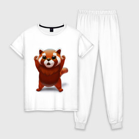 Женская пижама хлопок с принтом Красная панда в Кировске, 100% хлопок | брюки и футболка прямого кроя, без карманов, на брюках мягкая резинка на поясе и по низу штанин | big eyes | cute | red panda | большие глаза | красная панда | милаха