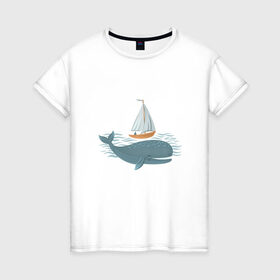 Женская футболка хлопок с принтом Кит в Кировске, 100% хлопок | прямой крой, круглый вырез горловины, длина до линии бедер, слегка спущенное плечо | кит | лодка | море | морские жители | океан | яхта