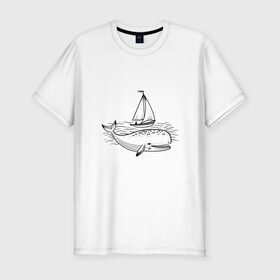 Мужская футболка хлопок Slim с принтом Кит в Кировске, 92% хлопок, 8% лайкра | приталенный силуэт, круглый вырез ворота, длина до линии бедра, короткий рукав | кит | лодка | море | морские жители | океан | яхта