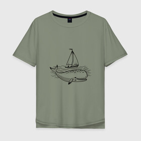 Мужская футболка хлопок Oversize с принтом Кит в Кировске, 100% хлопок | свободный крой, круглый ворот, “спинка” длиннее передней части | кит | лодка | море | морские жители | океан | яхта