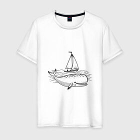 Мужская футболка хлопок с принтом Кит в Кировске, 100% хлопок | прямой крой, круглый вырез горловины, длина до линии бедер, слегка спущенное плечо. | кит | лодка | море | морские жители | океан | яхта