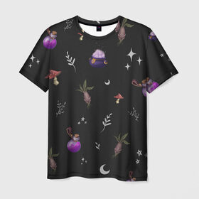 Мужская футболка 3D с принтом Magic pattern в Кировске, 100% полиэфир | прямой крой, круглый вырез горловины, длина до линии бедер | bottle | mandrake | mushroom | pot | волшебство | зелье | паттерн