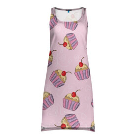 Платье-майка 3D с принтом Капкейки на розовом в Кировске, 100% полиэстер | полуприлегающий силуэт, широкие бретели, круглый вырез горловины, удлиненный подол сзади. | вишенка | еда | капкейки | пирожное | розовый | сладкое | сладости
