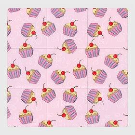 Магнитный плакат 3Х3 с принтом Капкейки на розовом в Кировске, Полимерный материал с магнитным слоем | 9 деталей размером 9*9 см | Тематика изображения на принте: вишенка | еда | капкейки | пирожное | розовый | сладкое | сладости