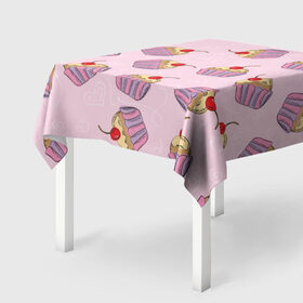 Скатерть 3D с принтом Капкейки на розовом в Кировске, 100% полиэстер (ткань не мнется и не растягивается) | Размер: 150*150 см | вишенка | еда | капкейки | пирожное | розовый | сладкое | сладости