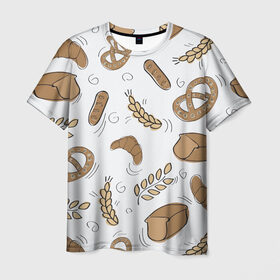Мужская футболка 3D с принтом Узор Пекарня в Кировске, 100% полиэфир | прямой крой, круглый вырез горловины, длина до линии бедер | Тематика изображения на принте: булки | коричневый | крендель | пекарня | повар | узор | хлеб